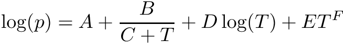 \[ \log (p) = A + \frac{B}{C + T} + D \log (T) + E T^F \]