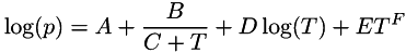\[ \log (p) = A + \frac{B}{C + T} + D \log (T) + E T^F \]
